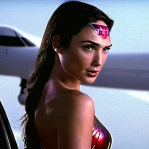 Image similar to gal gadot flying next to a plane in american psycho ( 1 9 9 9 )