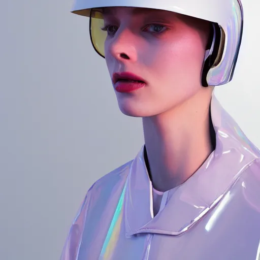 Prompt: an ultra high definition professional studio quality photograph of a transparent iridescent perspex pastel coloured visor and matching raincoat on a white coat hook in an empty white room. dramatic lighting, ray tracing, refraction, shallow d. o. f, colour corrected, golden ratio, three point light. volumetric shadows. light rays.