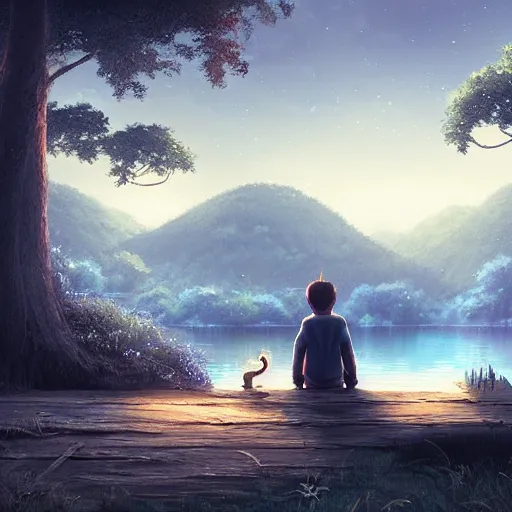 Image similar to a silver dragon and a boy sitting together next to a lake watching firefly at night in forest, concept art, dof, cryengine, digital art, detailed background, makoto shinkai