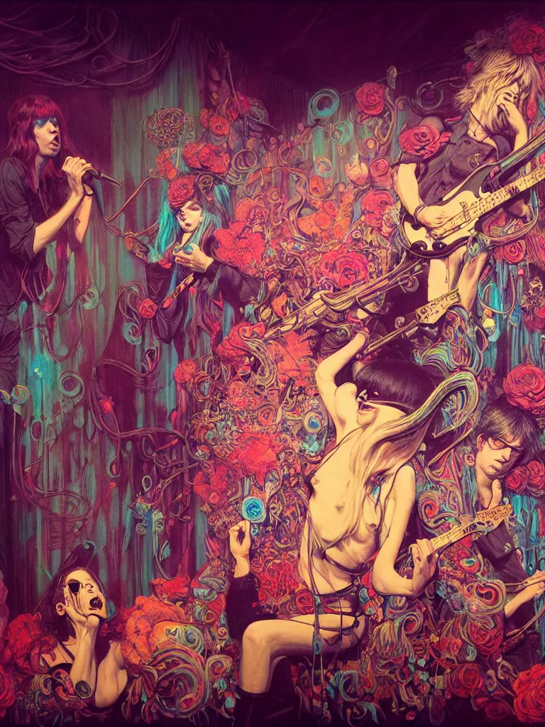 Prompt: the velvet underground and nico playing live on stage at a night club, beautiful stage decoration with flowers in the background, painting by james jean and gaston bussiere, very detailed and colorful and toned down and ornamental and moody and cool and relaxed and high on drugs, trending on artstation, behance contest winner