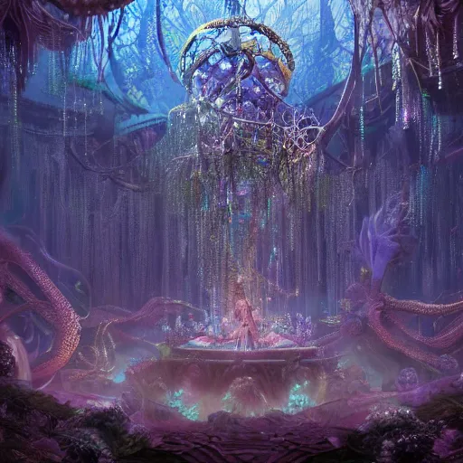 Image similar to under an intricate like jewels epic forest suspended in the air upside down, a pool with intricate and surreal epic circles of water within which float phantasmagoric robotic humanoids, dressed in intricate veils and jewels, epic environment, matte painting, diffused lighting, highly detailed, cinematic, epic atmosphere, digital art, trending on artstation, depth of field, wide angle