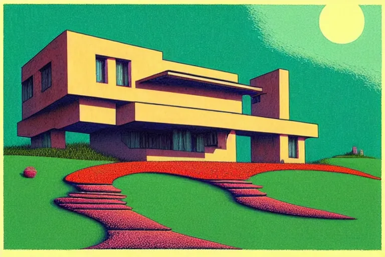 Image similar to surreal glimpse into other universe, house by frank lloyd wright, summer morning, very coherent and colorful high contrast, art by!!!! gediminas pranckevicius!!!!, geof darrow, floralpunk screen printing woodblock, dark shadows, hard lighting, stipple brush technique,