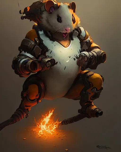 Image similar to wrecking ball the hamster from overwatch, character portrait, concept art, intricate details, highly detailed by greg rutkowski, michael whelan and gustave dore