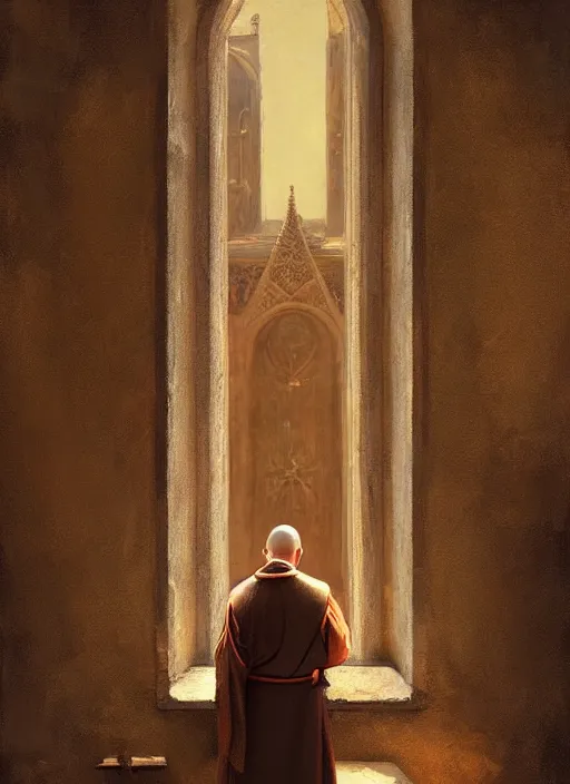 Prompt: oil painting of a dominican monk in brown robes, looking out of a monastery window contemplatively, a majestic cathedral in the background, digital art, artstation, cinematic, golden hour, digital art painting by greg rutkowski