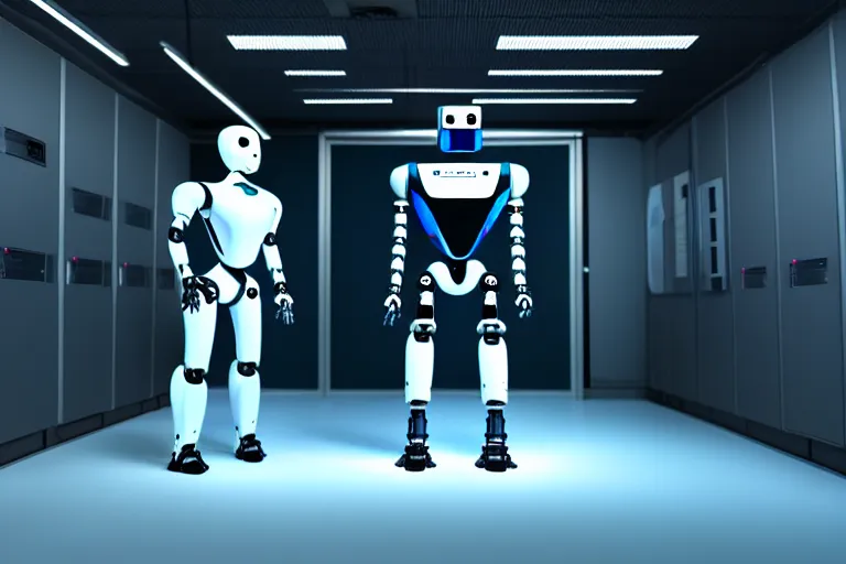 Image similar to full body robot with human mask, background is data server room, neon and dark, illumination ray tracing hdr render in unreal engine 5