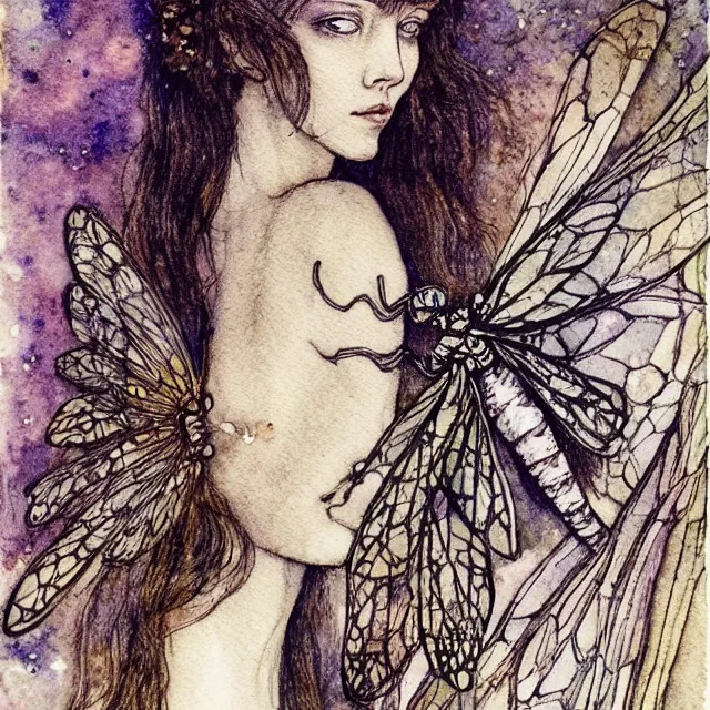 Image similar to a detailed, intricate watercolor and ink portrait illustration with fine lines of young 1 4 year old scarlett johannson as a fairy with dragonfly wings from her shoulders in a dress, by arthur rackham and edmund dulac and lisbeth zwerger