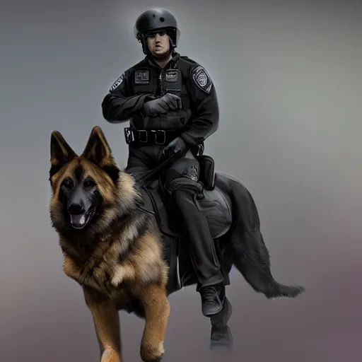 Image similar to police officer riding a giant German shepherd in the city, trending on artstation