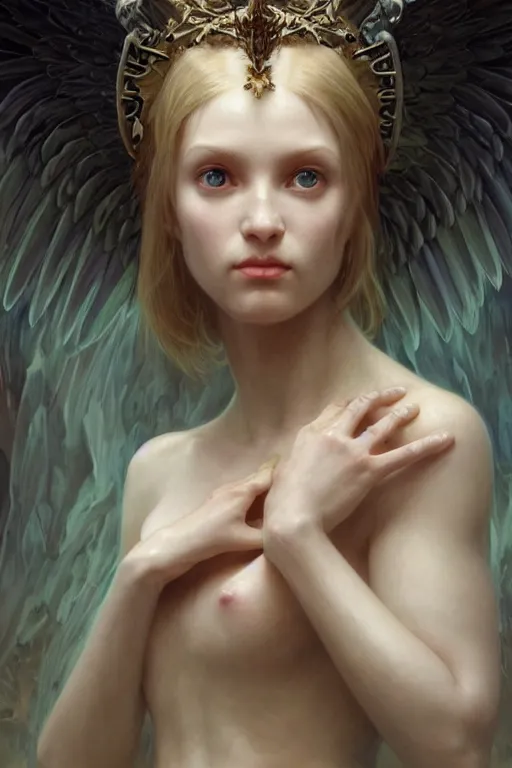 Prompt: Portrait of beautiful pale demonic angelic girl warhammer 40000, cinematic lighting, intricate, elegant, highly detailed, digital painting, artstation, smooth, sharp focus, illustration, art by artgerm and greg rutkowski and zdislav beksinski and alphonse mucha and Wayne Barlowe and william-adolphe bouguereau