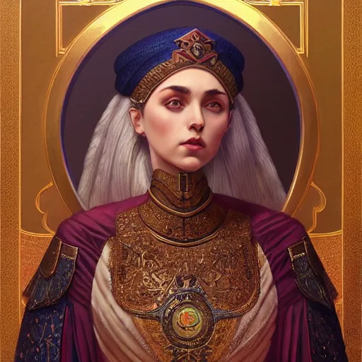 Image similar to bilie eilish portrait of ottoman sultan gog, female, clear face, symetrical, masculine, full body, 4 k, fantasy, intricate, elegant, highly detailed, digital painting, artstation, concept art, matte, sharp focus, illustration, art by artgerm and greg rutkowski and alphonse mucha