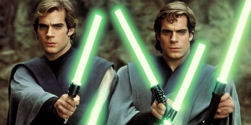 Prompt: a still from a film featuring clean shaven henry cavill as jedi master luke skywalker, holding a green lightsaber by the hilt, 3 5 mm, directed by steven spielberg, 1 9 9 4