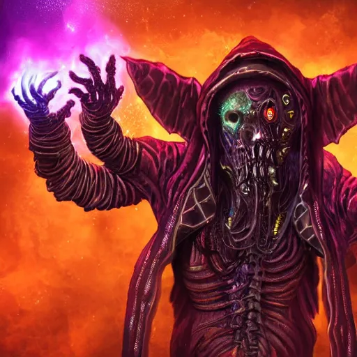 Prompt: cyberpunk undead lich ilithid mindflayer playing synthesizer, honeycomb background, D&D, smokey lights, lasers, highly detailed, realistic, technology and magic,