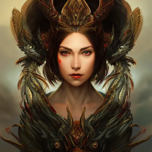 Prompt: A stunning comic book style portrait painting of a dragon goddess, wide view, created by WLOP, 8k masterpiece, cinematic lighting, pristine and clean design, high fantasy, insanely detailed, atmospheric,
