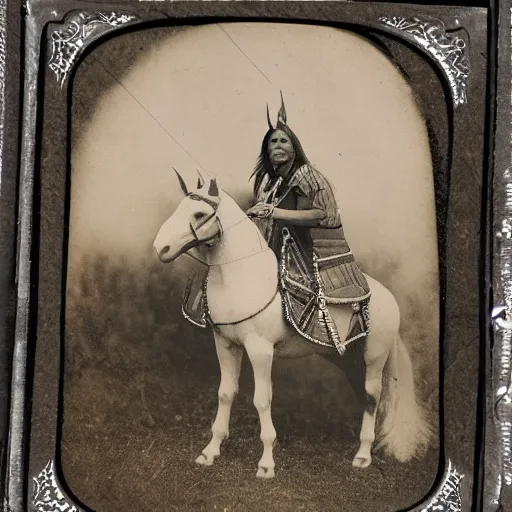 Image similar to tintype photo, native american riding unicorn