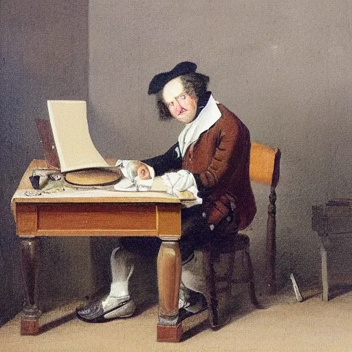 Prompt: 18th century painting of a man sitting at his desk, frustrated with his computer, oil painting, very detailed, 4k