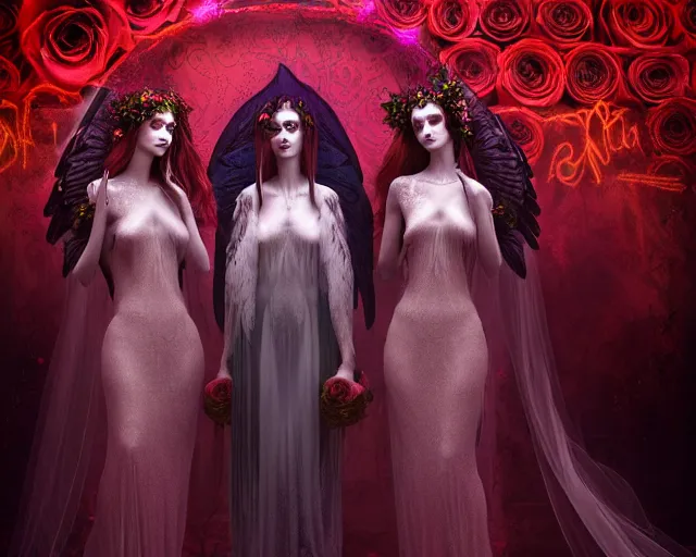 Image similar to three stunning otherworldly gothic goddesses with beautiful angelic faces, wearing psychedelic wicca, in wedding dresses, red neon roses, full body, dark and mysterious, atmospheric, ominous, eerie, cinematic light, epic, 8 k 3 d, ultra detail, ultra realistic, by wlop, by mucha