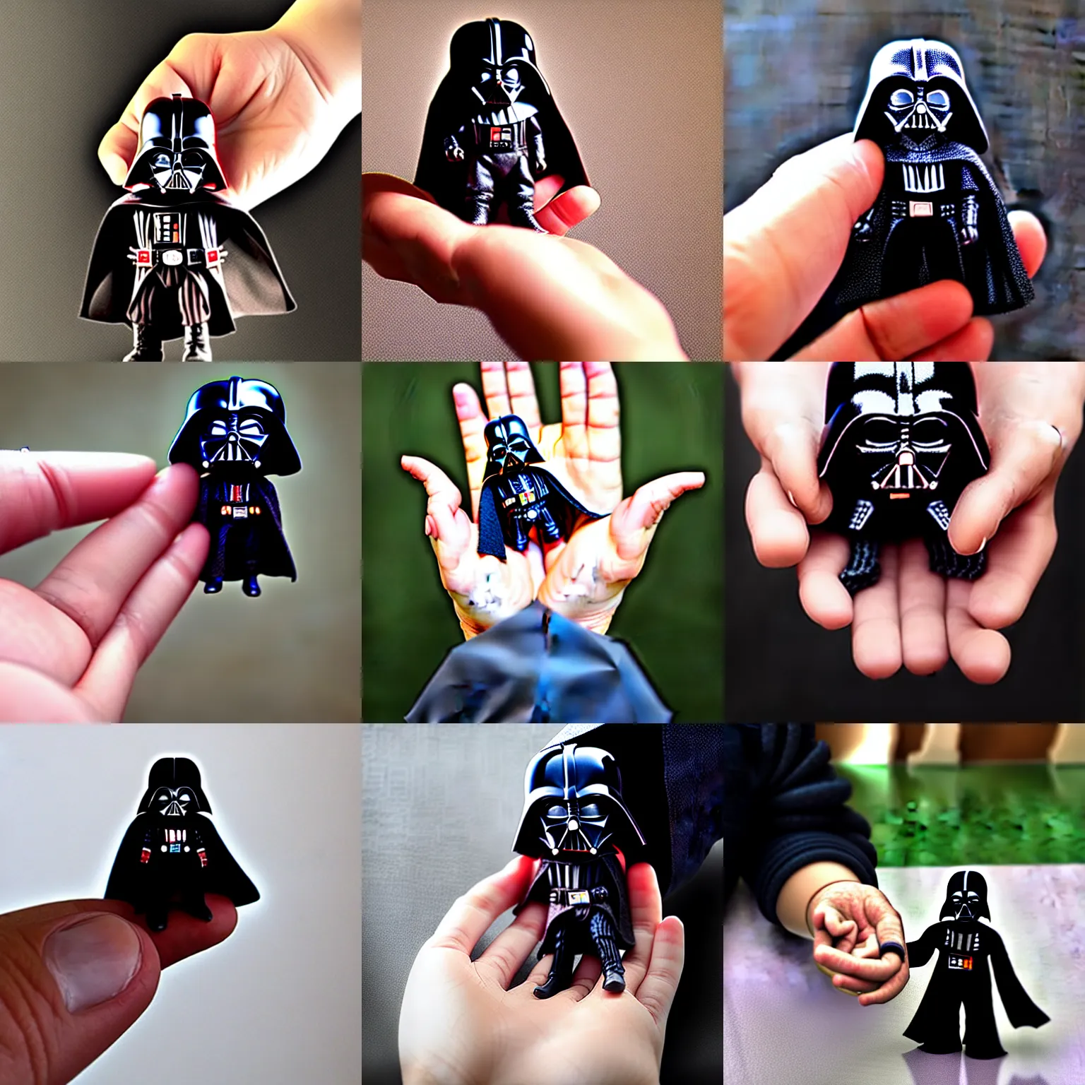 Prompt: hand holding a tiny darth vader