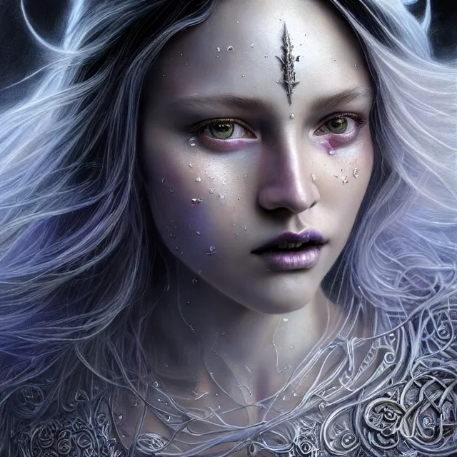 Prompt: hyperrealistic mixed media painting of a beautiful young female wizard, stunning 3d render inspired art by P. Craig Russell and Barry Windsor-Smith + perfect facial symmetry + dim volumetric lighting, vibrant long silver hair, ornate flowing black robes, dizzy, full body, 8k octane beautifully detailed render, post-processing, extremely hyperdetailed, intricate, epic composition, grim yet sparkling atmosphere, cinematic lighting + masterpiece, trending on artstation, very very detailed