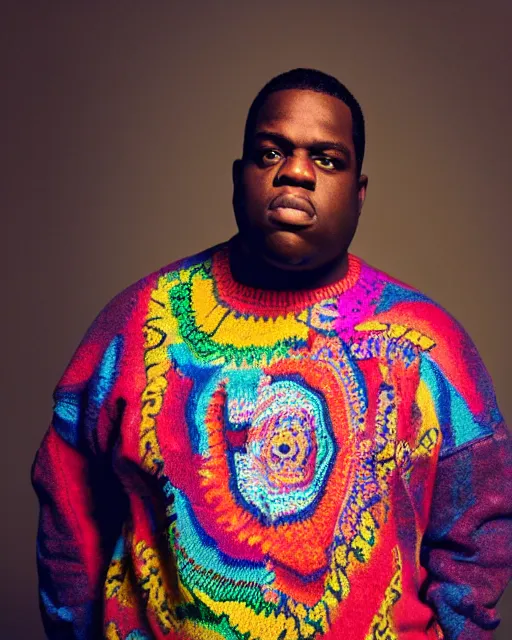 Prompt: headshot of the notorious big, wearing a colorful coogi sweater, and black jeans, photoshoot in the style of annie leibovitz, studio lighting, soft focus, bokeh