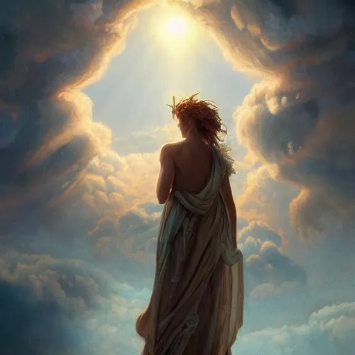 Image similar to cinematic shot collosoal size angel in the clouds sunset digital painting, artstation, concept art, soft light, hdri, smooth, sharp focus, illustration, fantasy, intricate, elegant, highly detailed, D&D, matte painting, in the style of Greg Rutkowski and Alphonse Mucha and artemisia, 8k, highly detailed, jurgens, rutkowski, bouguereau, pastoral, rustic, georgic