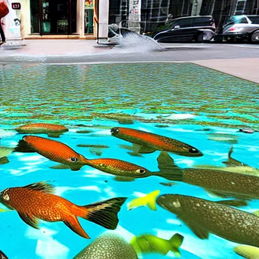 Image similar to a liquid sidewalk with a group of fish swimming inside it