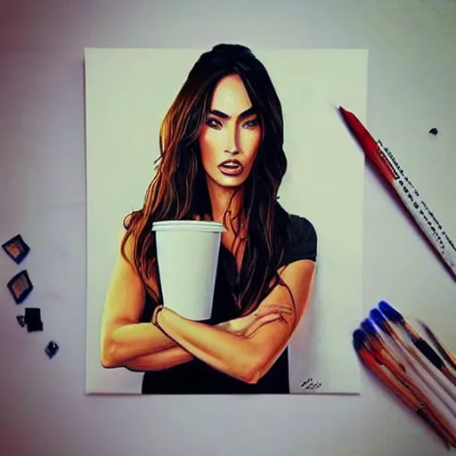 Prompt: “Megan Fox coffee paintings, ultra detailed portrait, 4k resolution”