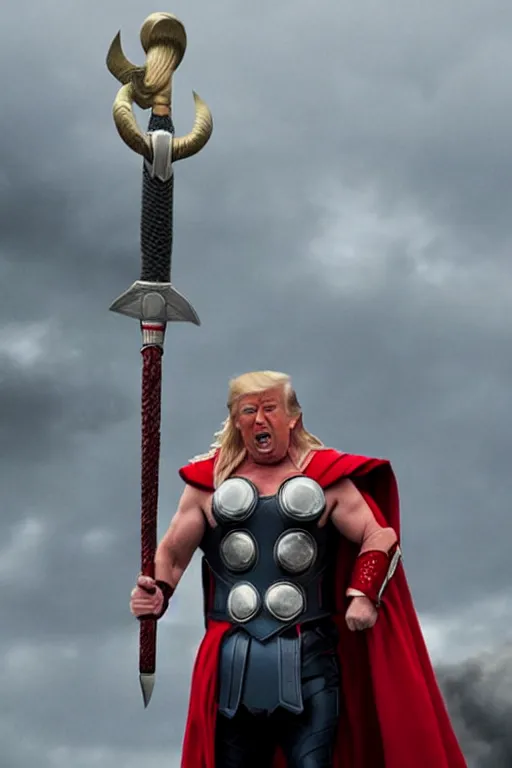 Image similar to donald trump as thor, wielding hammer, ready for battle, movie still