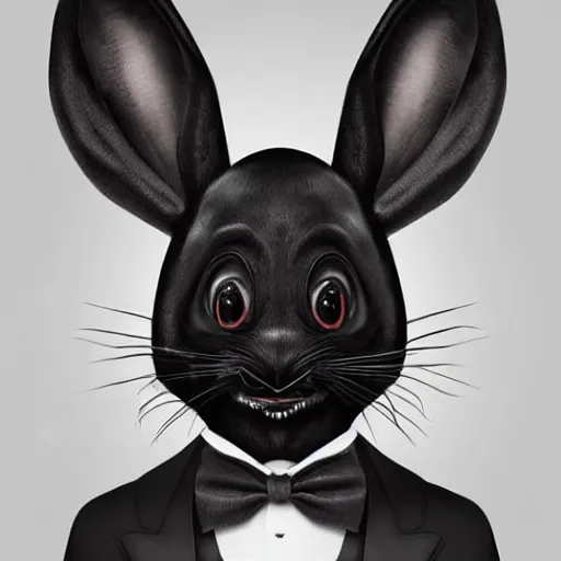 Image similar to A extremely highly detailed majestic hi-res beautiful, highly detailed head and shoulders portrait of a scary terrifying, horrifying, creepy black cartoon rabbit with a bowtie and scary big eyes, earing a shirt laughing, hey buddy, let's be friends, in the style of Walt Disney