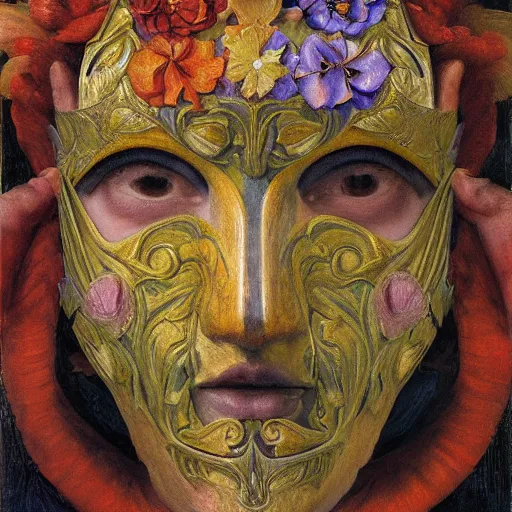 Prompt: masterpiece painting of a facemask made of flowers, by annie swynnerton and jean delville and tino rodriguez and diego rivera, flower mask, symbolist, dramatic lighting, god rays, elaborate geometric ornament, clean crisp graphics, soft cool colors, smooth sharp focus, extremely detailed