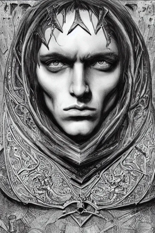 Image similar to portrait of beautiful young gothic man, warhammer, the middle ages, highly detailed, artstation, illustration, art by max ernst