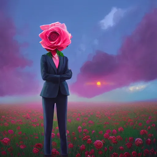 Prompt: closeup, giant rose flower face, frontal, girl in a suit, surreal photography, sunrise, blue sky, dramatic light, impressionist painting, digital painting, artstation, simon stalenhag