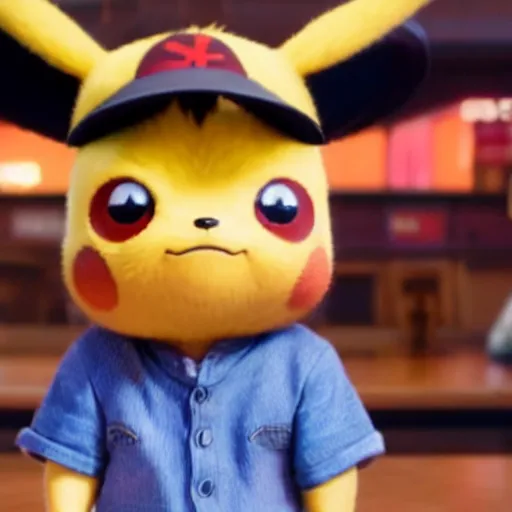 Prompt: a film still of luffy in detective pikachu