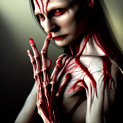 Image similar to female vampire monster with translucent skin, visible muscles and veins and arteries and bones and spine and nerves, beautiful detailed intricate insanely detailed octane render, 8K artistic photography, photorealistic, chiaroscuro, by David Cronenberg, Raphael, Caravaggio