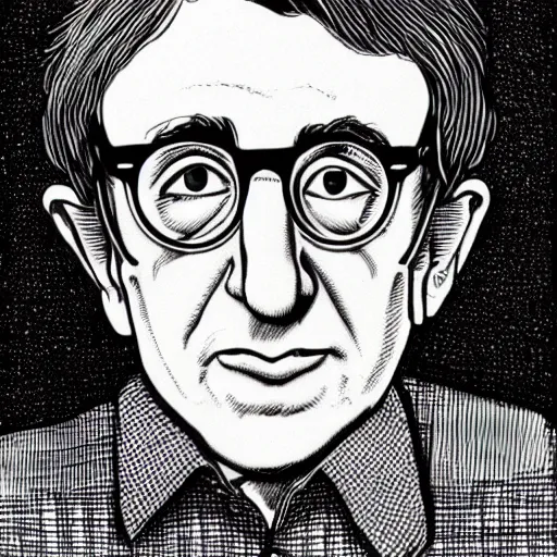 Image similar to a portrait illustration of Woody Allen drawn by ROBERT CRUMB