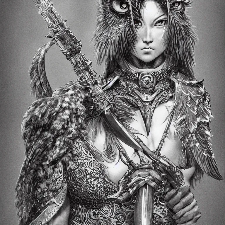 Prompt: muscular female owl warrior, realistic proportions, sharp focus, beautiful face, wearing feather armor, wielding an owl broadsword, symmetrical, highly detailed, engraving kentaro miura manga art style trending on artstation 8 k