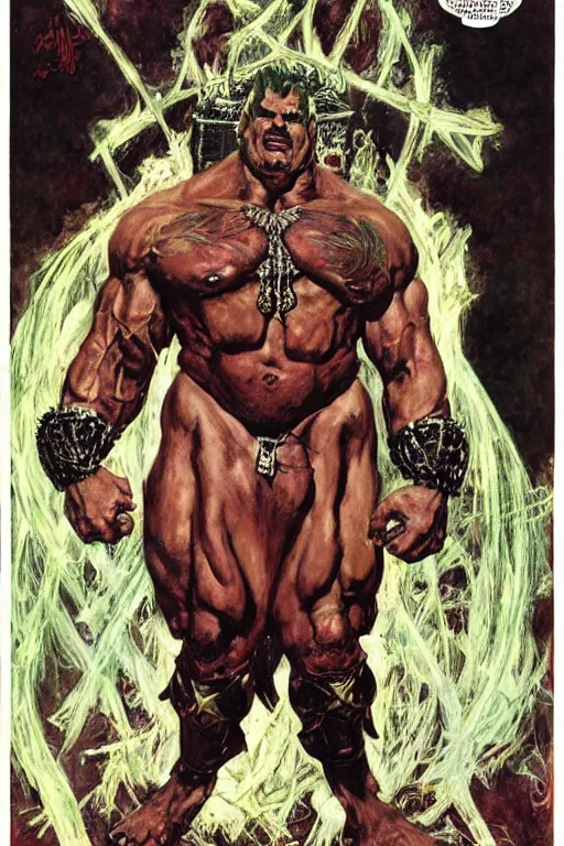 Image similar to full body portrait of huge hulking rich piana as demonic emperor, simple background, painted by jack kirby, lawrence alma tadema, norman rockwell, greg staples, wayne barlow, jacob collins, neville page