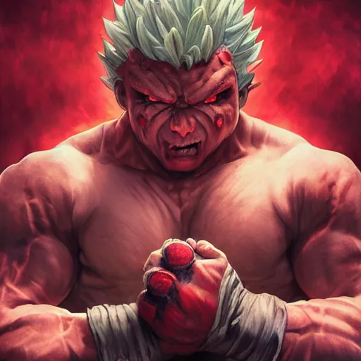 Image similar to guy fierias dressed as akuma street fighter, ultra realistic, concept art, intricate details, eerie, highly detailed, photorealistic, octane render, 8 k, unreal engine. art by artgerm and greg rutkowski and magali villeneuve and alphonse mucha