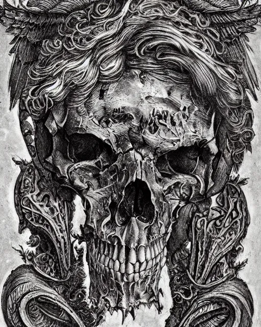 Prompt: gates of hell, skulls, wings, fine details, photorealistic, intricate complexity, extremely detailed, very sharp, in the style of albrecht durer,