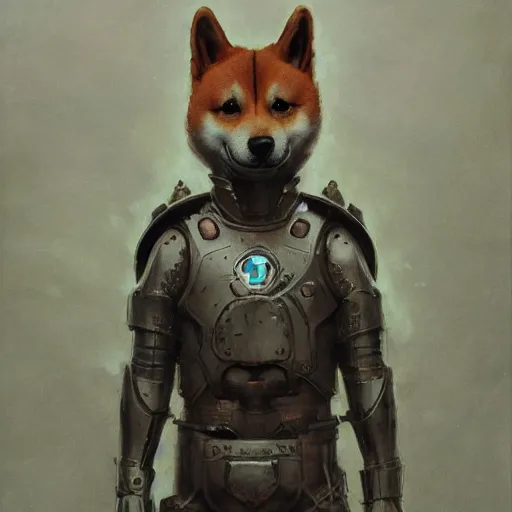 Prompt: realistic anthropomorphic shiba inu, in radiation suit armor, fantasy science fiction, glowing electric aura, by donato giancola and greg rutkowski and wayne barlow and zdzisław beksinski, realistic face, visible face, digital art, artstation, symmetry