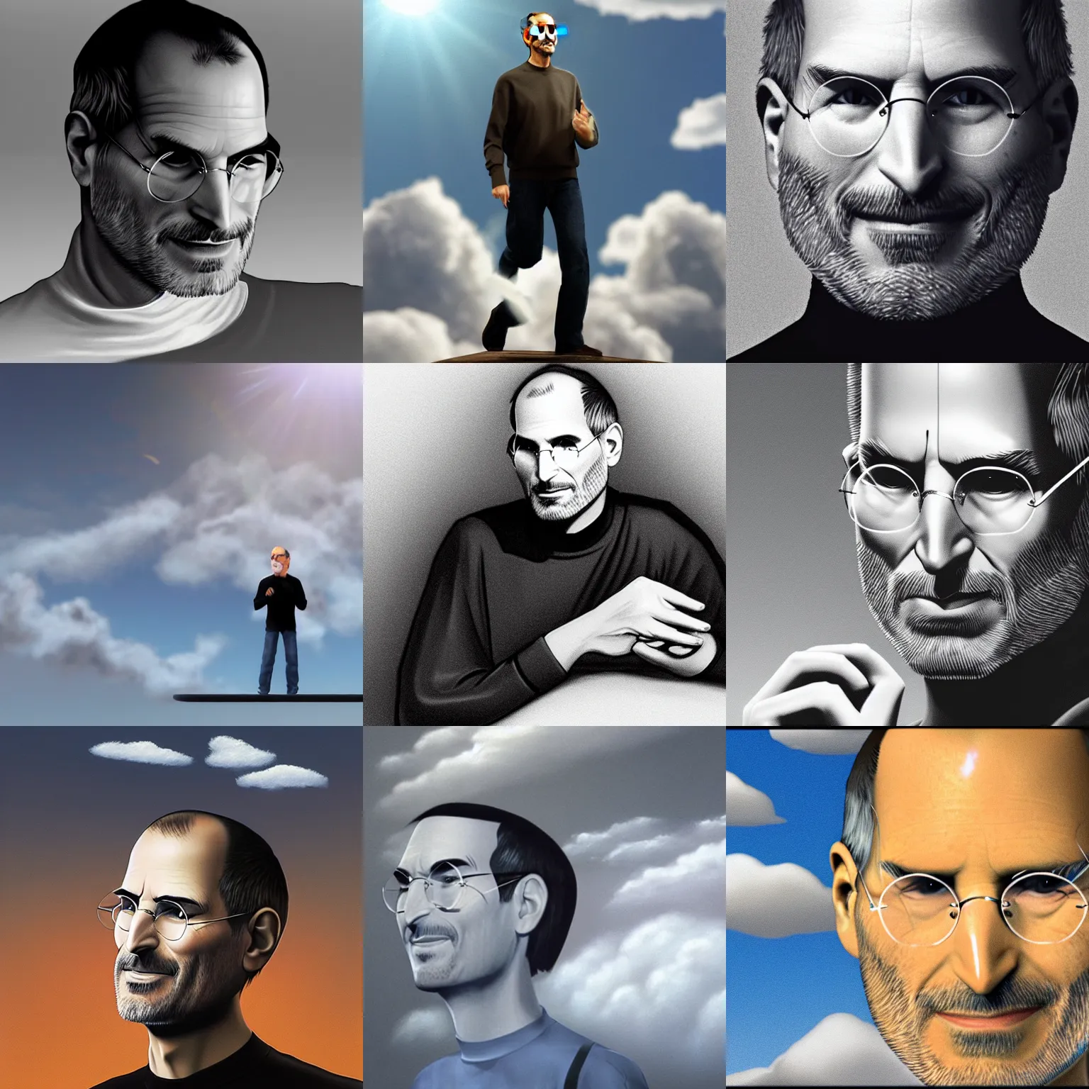 Prompt: steve jobs up in the clouds talking to god, photorealistic