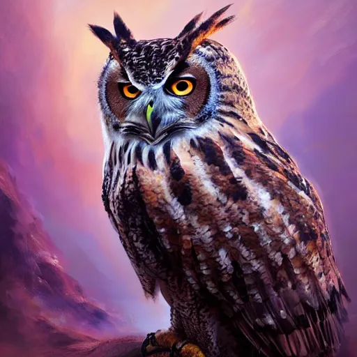 Image similar to eagle owl hybrid, character design, Kim Keever, oil painting, detailed, octane render, beautiful composition, trending on artstation, award-winning photograph, masterpiece