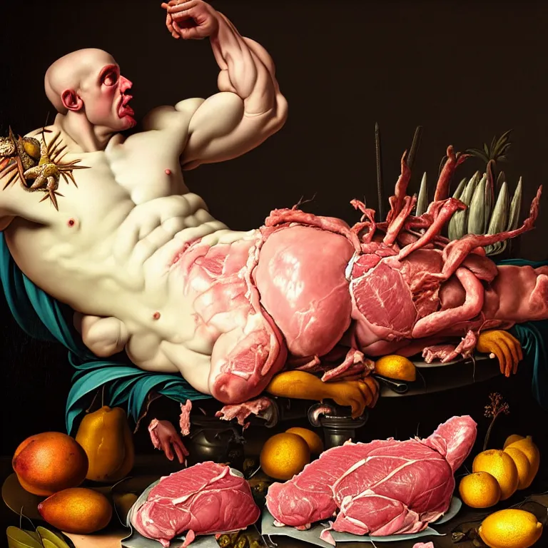 Prompt: still life of beautiful perfect muscled white man white body, surrounded by pastel tropical flowers, tropical fruit, human spine, rotten meat flesh with colorful mold, muscle tissue, spikes, baroque painting, beautiful detailed intricate insanely detailed octane render, 8K artistic photography, photorealistic, chiaroscuro, Raphael, Caravaggio