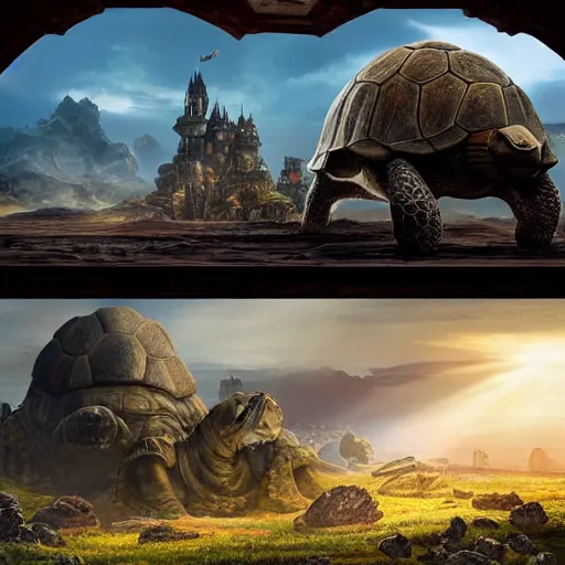 Image similar to tortoise moves across harsh wasteland with sharp rays of sunlight with a large fantasy castle covering the top of the giant tortoise similar to mortal engines or howls moving castle, distant - mid - shot, fantasy, hyper detailed, realistic