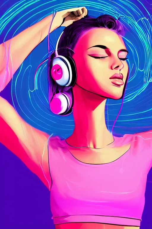 Image similar to a award winning half body portrait of a beautiful woman with stunning eyes in a croptop and cargo pants with ombre purple pink teal hairstyle dancing while listening to music with headphones on her ears by thomas danthony, surrounded by whirling illuminated lines, outrun, vaporware, shaded flat illustration, digital art, trending on artstation, highly detailed, fine detail, intricate