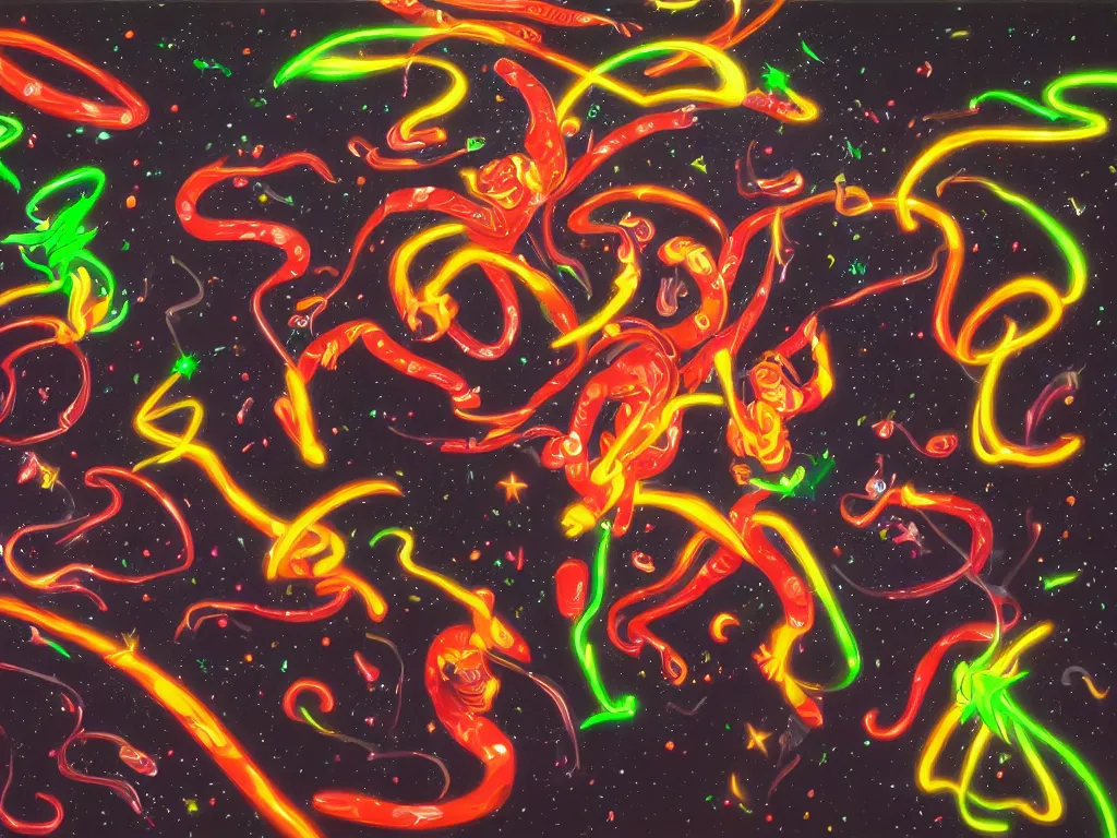 Prompt: a hyperrealistic portrait of dancing ninjas in space opening a bottle of glowing worms and drinking fluorescent liquid , 8k