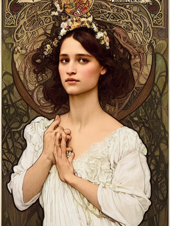 Image similar to an art nouveau mucha poster style head and shoulders portrait oil painting of a pretty young alicia jessica vikander alba wearing a white victorian bridal gown, intricate, detailed, smooth, complex, elaborate, by alphonse mucha and james gurney and john william waterhouse and bouguereau