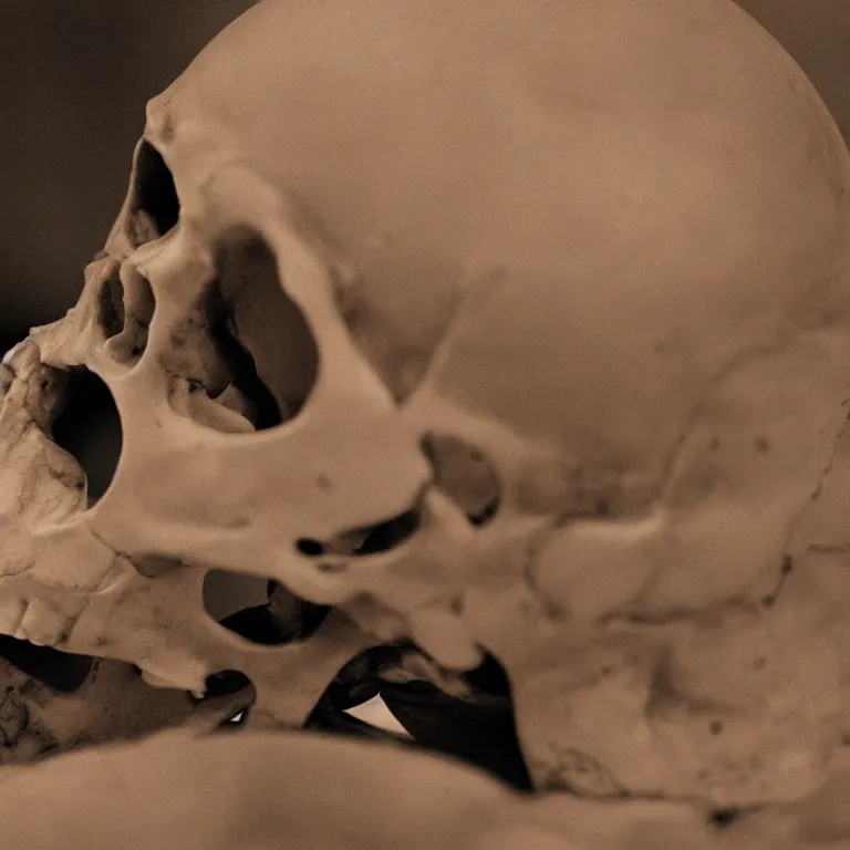 Prompt: centered rule of thirds 5 0 mm film still of a human skull