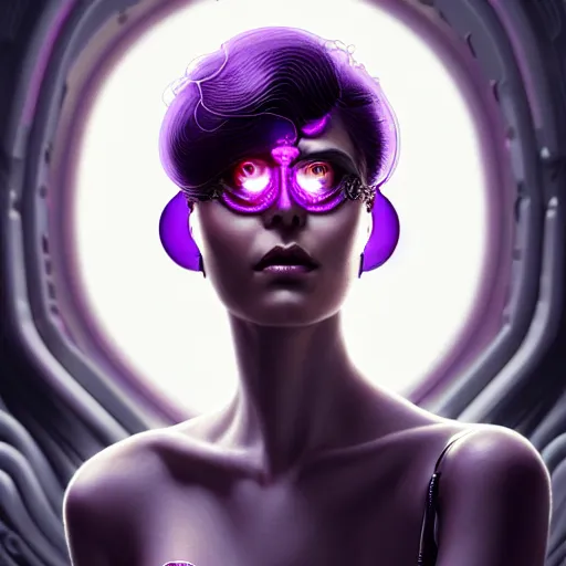 Image similar to woman with extremely large and intricate haircut with angry purple eyes and slim features looking askance, eye cyberpunk bionics, retro futurist style, intricate, elegant gleaming intricate baroque jewelry, angelic halo, highly detailed, digital painting, artstation, concept art, smooth, sharp focus, illustration, art by wlop, mars ravelo and greg rutkowski,