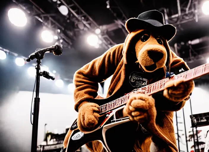 Image similar to photo still of mcgruff the crime dog on stage at vans warped tour!!!!!!!! at age 3 3 years old 3 3 years of age!!!!!!!! shredding on guitar, 8 k, 8 5 mm f 1. 8, studio lighting, rim light, right side key light