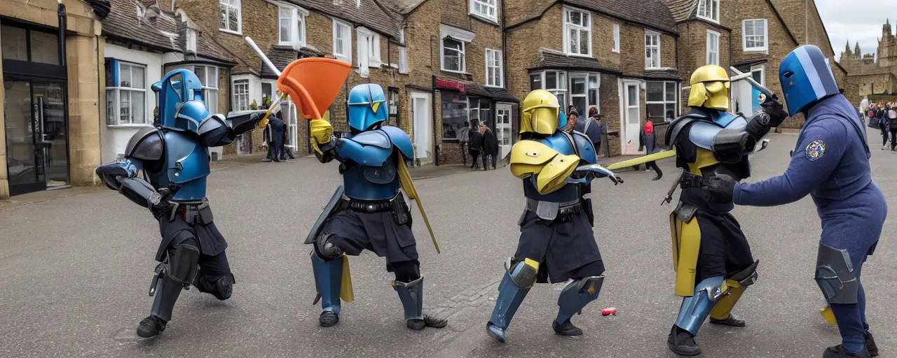 Prompt: two overweight mandalorians duelling on the streets of Rochester England with toilet plungers