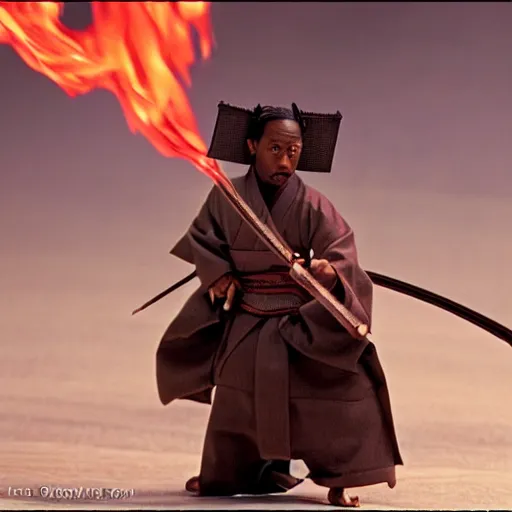 Prompt: cinematic film still Lil' Wayne starring as a Samurai holding fire, Japanese CGI, VFX, 2003, 400mm lens, f1.8, shallow depth of field,film photography